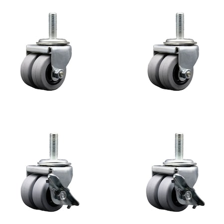 Service Caster Low Profile Thermo 2'' Dual Wheel 1/2'' Threaded Stem Caster Set with 2 Brakes, 4PK SCC-DWTS04S21316-TPRS-121315-2-SLB-2